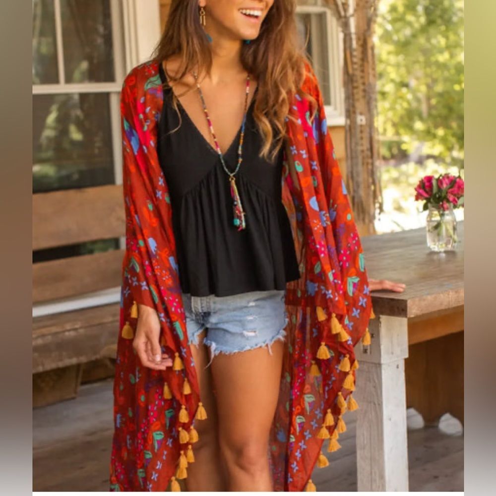 Natural Life Boho Floral Kimono with Tassels
